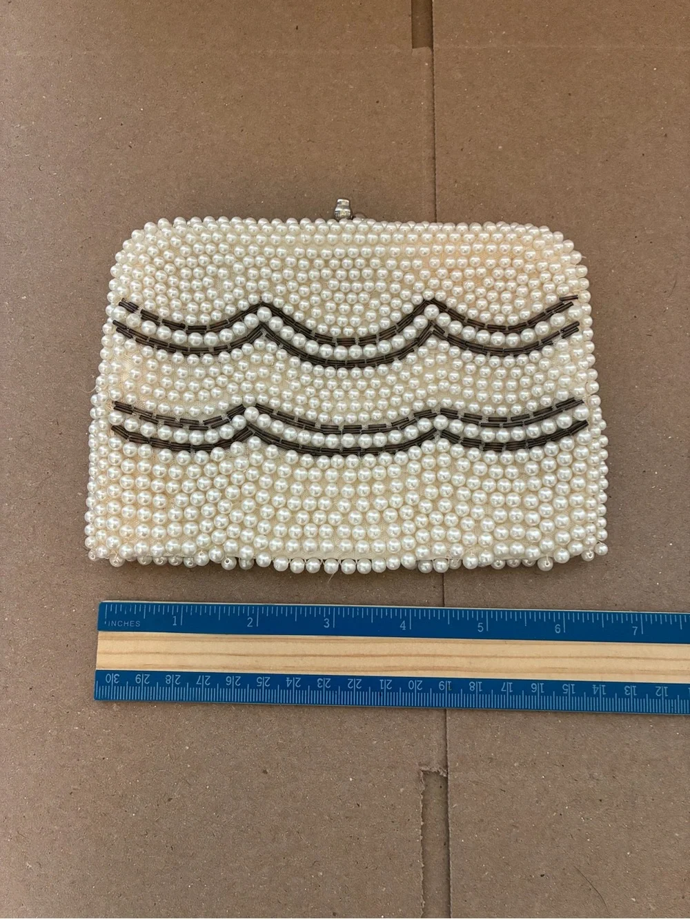 Vintage Pearl Beaded Clutch with Black Wave Trim